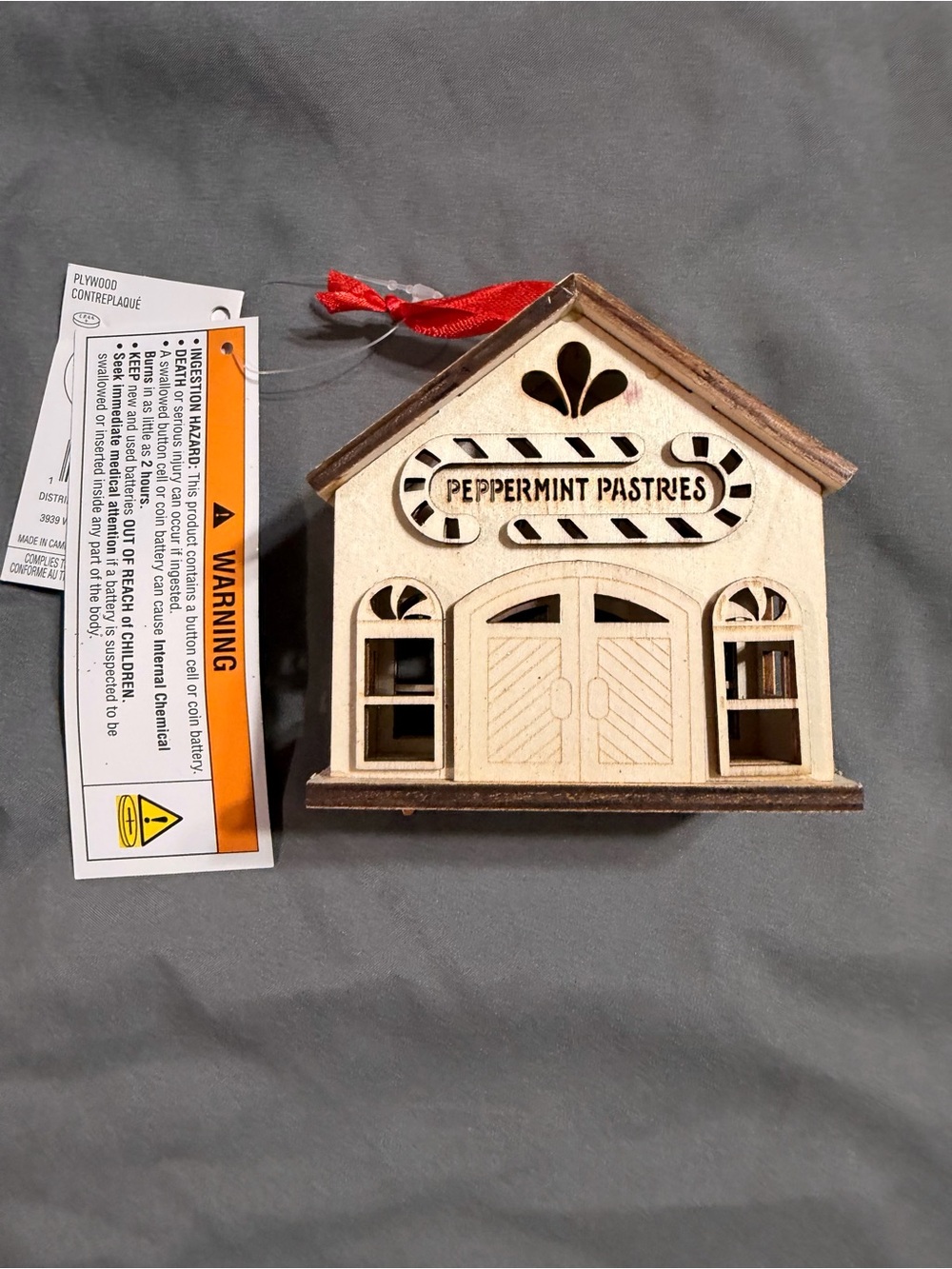 Makers Market Peppermint Pastries Wooden Ornament - Natural Wood with Red Ribbon